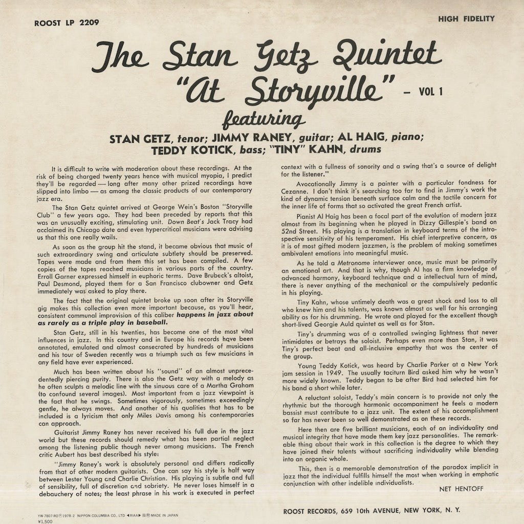 Stan Getz / スタン・ゲッツ / At Storyville (YW-7807-RO)