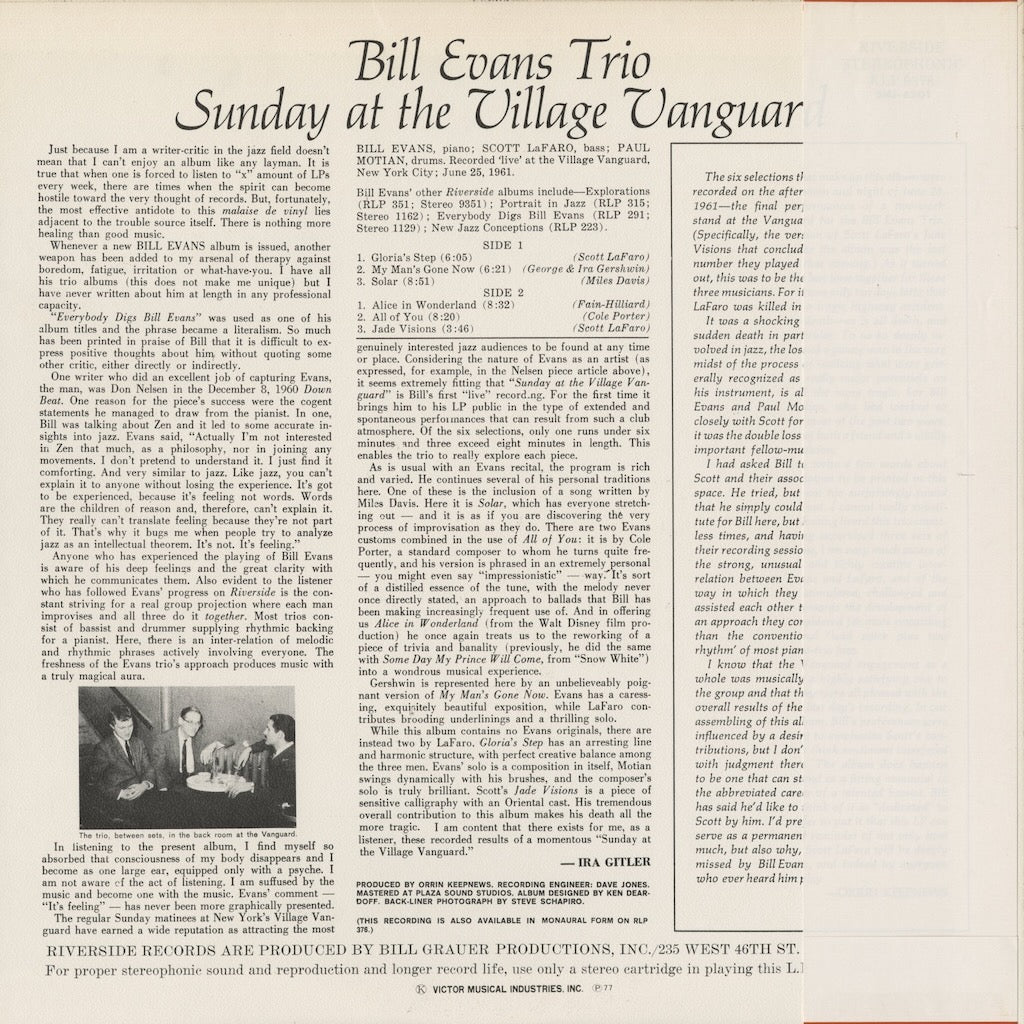Bill Evans - Sunday At The Village Vanguard (SMJ-6201) 1977 JPN Riverside - Victor｜中古LP