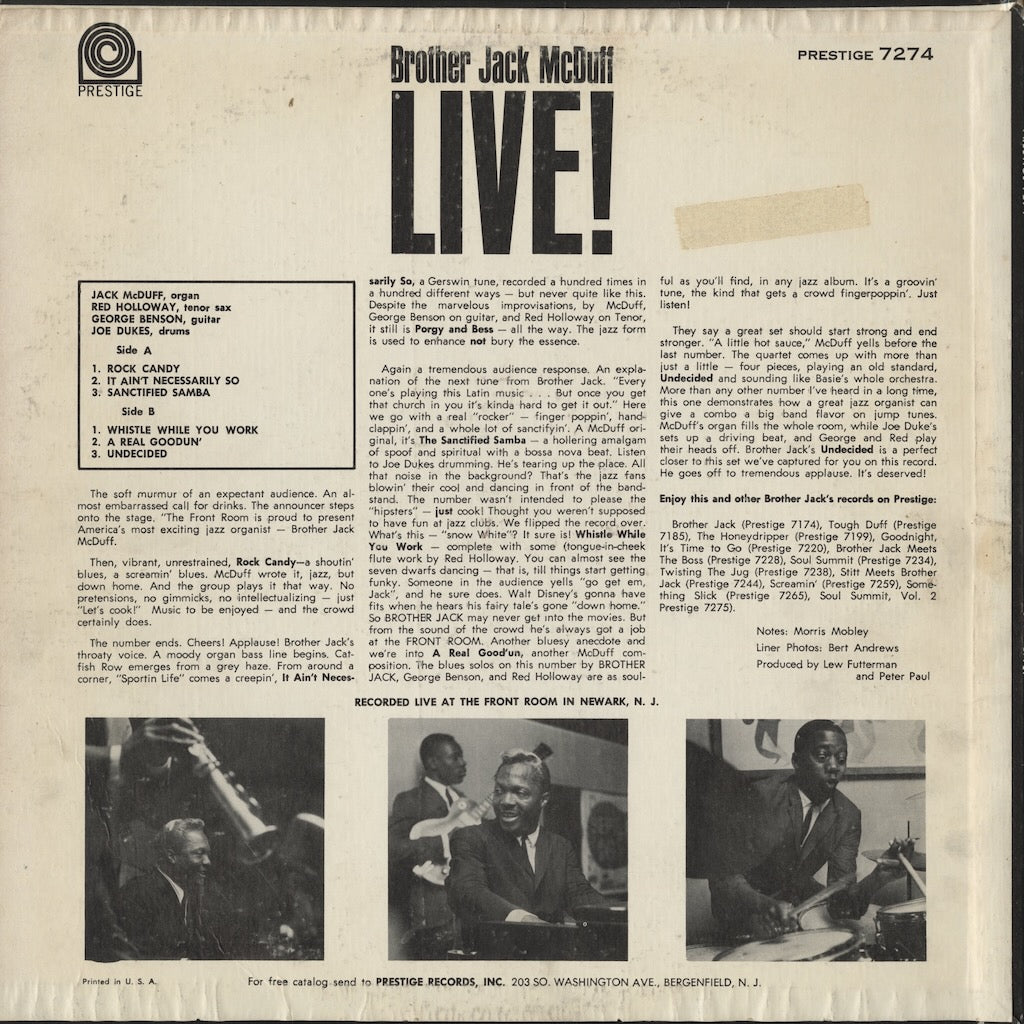 Brother Jack McDuff / ブラザー・ジャック・マクダフ / Live! (PRST 7274)