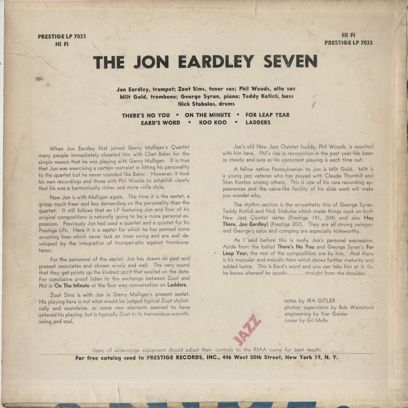 Jon Eardley / ジョン・アードレイ / The Jon Eardley Seven (PRLP 7033)