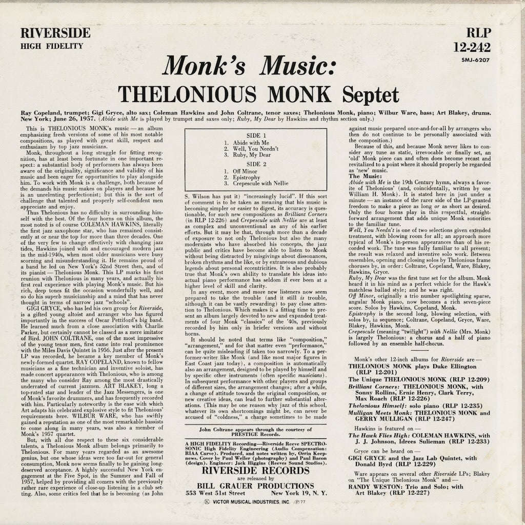 Thelonious Monk - Monk's Music (SMJ-6207) 1977 JPN Riverside｜中古LP