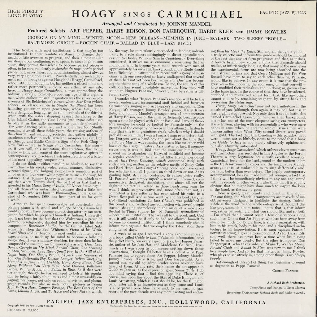 Hoagy Carmichael - Hoagy Sings Carmichael With The Pacific Jazzmen (GXH-3505) 1980 JPN Pacific Jazz - キングレコード｜中古LP