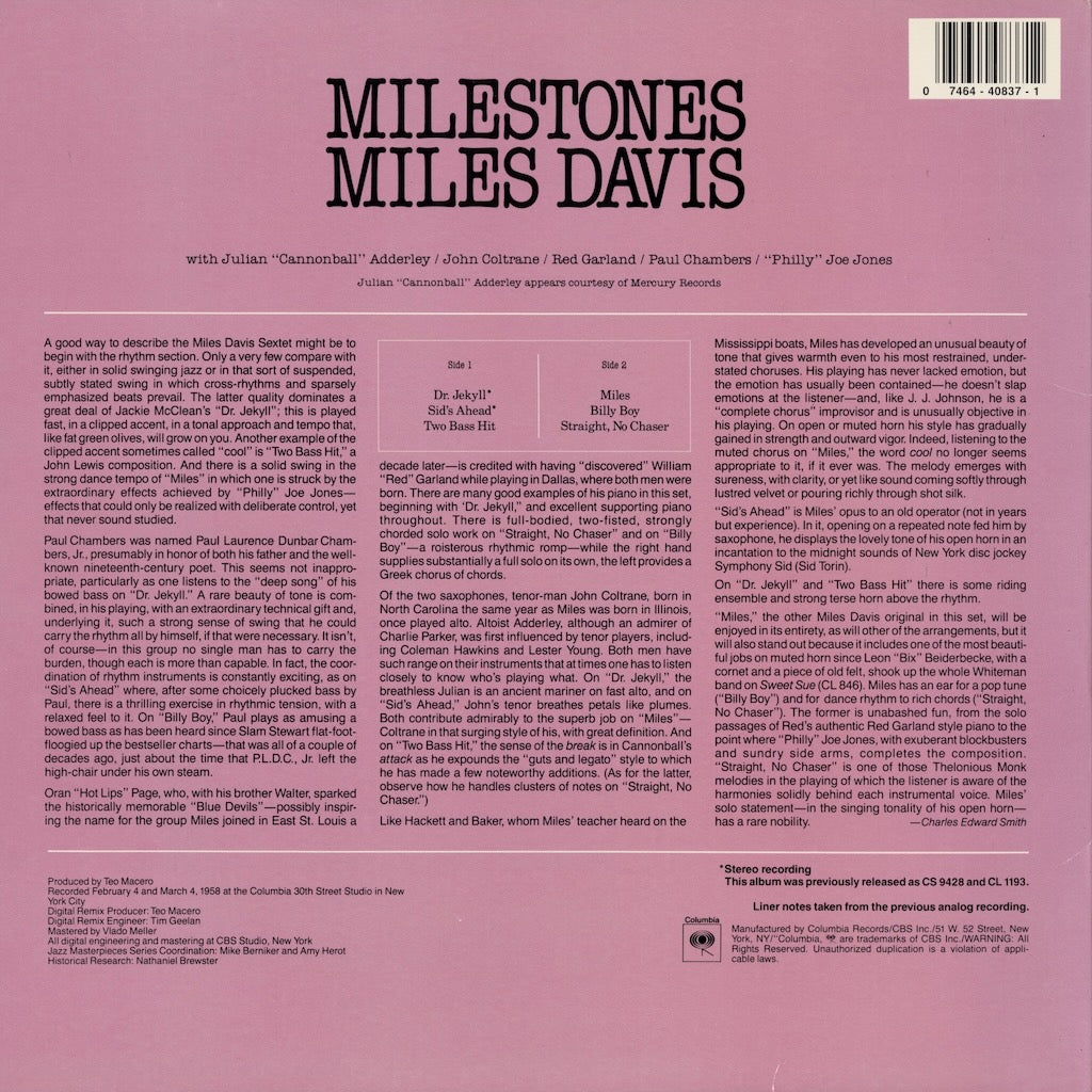 Miles Davis / マイルス・デイヴィス / Milestones (CJ 40837)