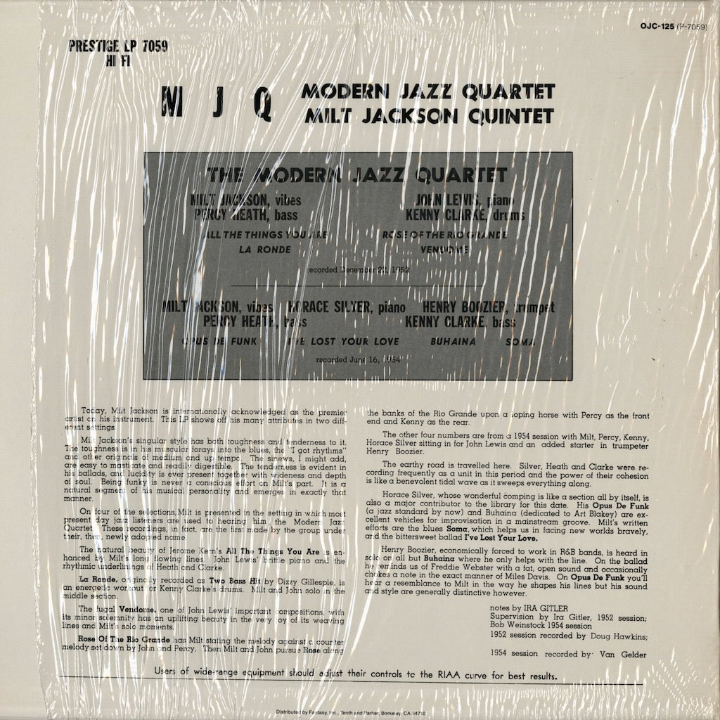 Modern Jazz Quartet, Milt Jackson Quintet - MJQ (OJC-125) 1984 US Prestige / OJC｜中古LP