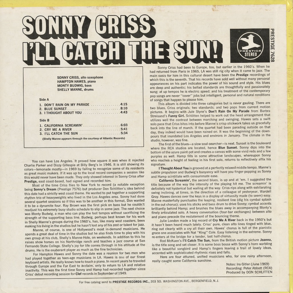 Sonny Criss - I'll Catch The Sun (PRST 7628) 1969 US Prestige｜中古LP
