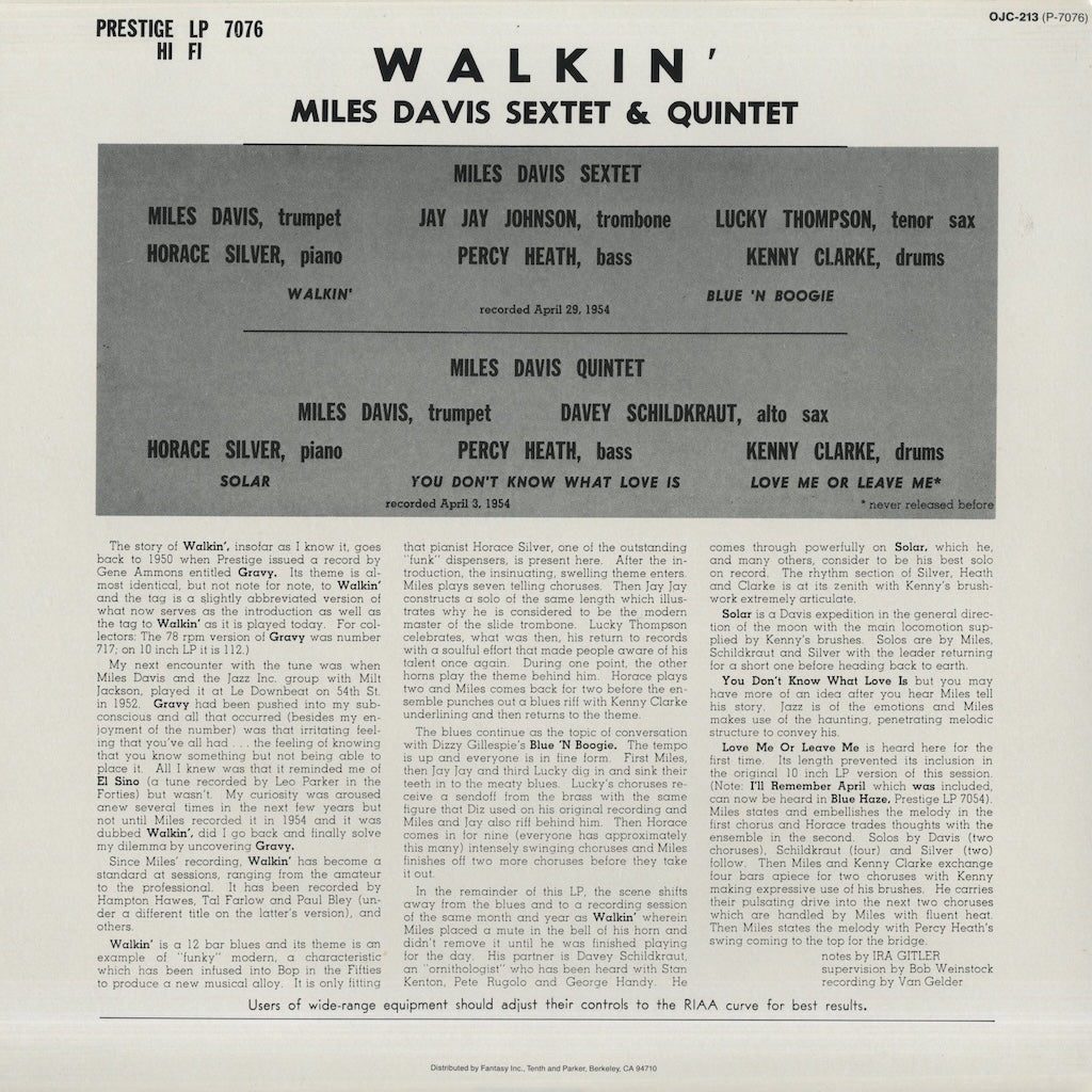 Miles Davis / マイルス・デイヴィス / Walkin' (OJC-213)