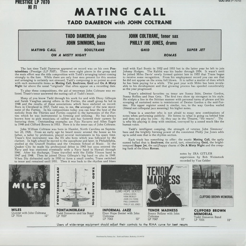 Tadd Dameron With John Coltrane / タッド・ダメロン　ジョン・コルトレーン / Mating Call (OJC-212)