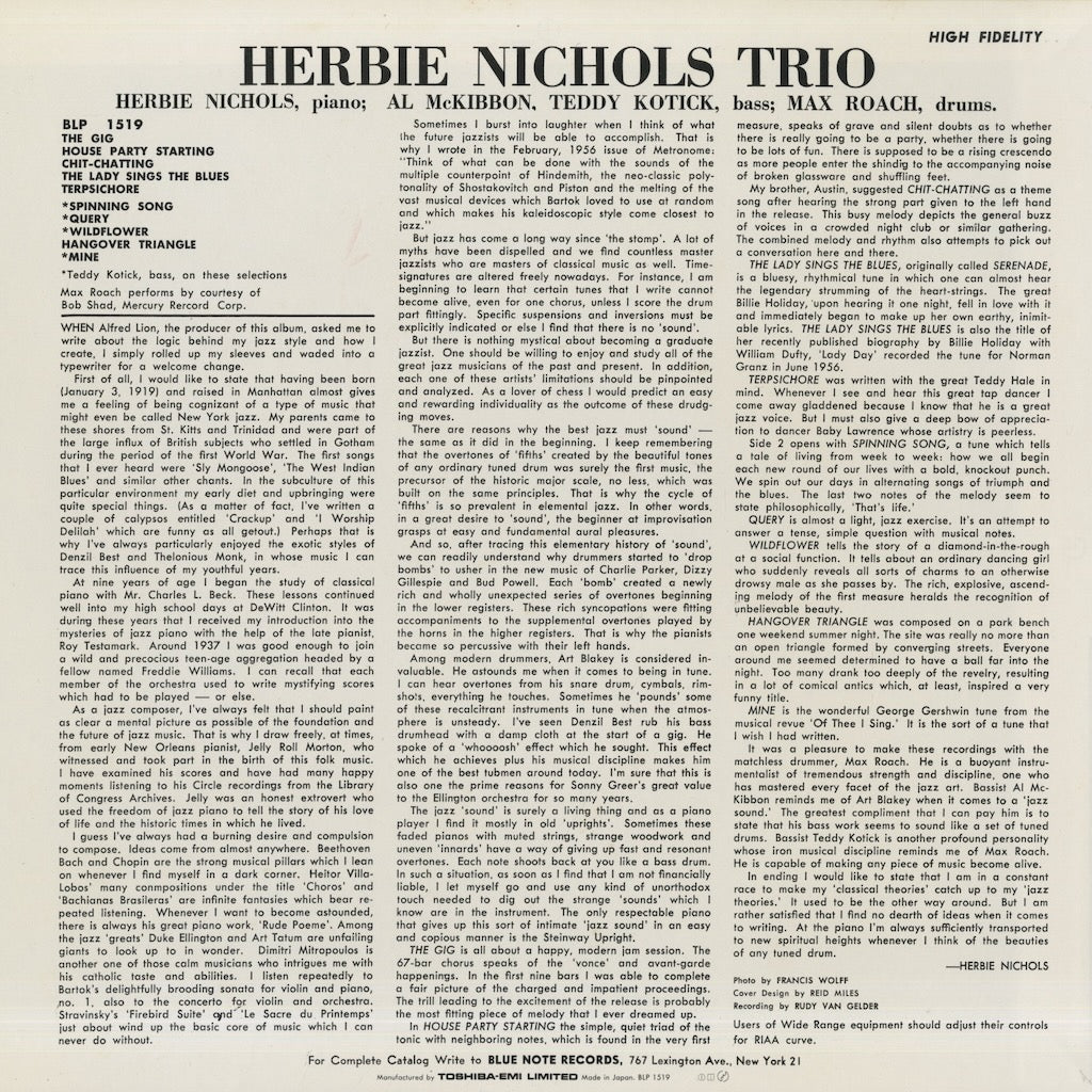 Herbie Nichols - Herbie Nichols Trio (BN 1519) LP 1994 JPN Blue Note｜中古LP