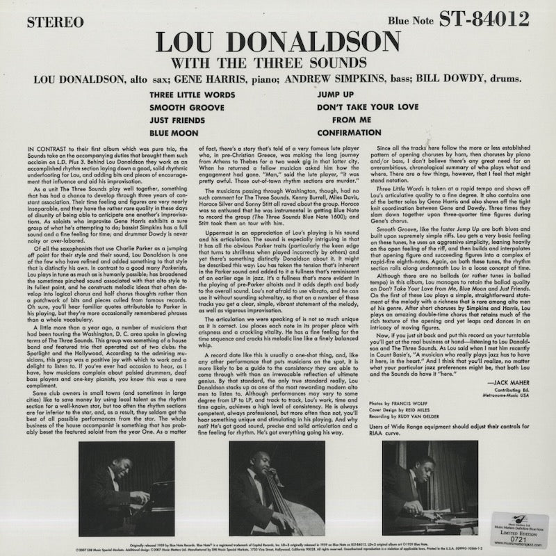 Lou Donaldson - LD+3 (ST-84012) 2LP 2008 US Blue Note Music Matters｜中古LP