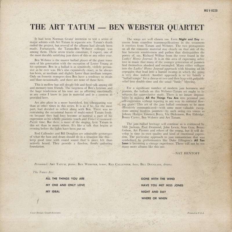 Ben Webster / ベン・ウェブスター / The Art Tatum・Ben Webster Quartet (MGV-8220)