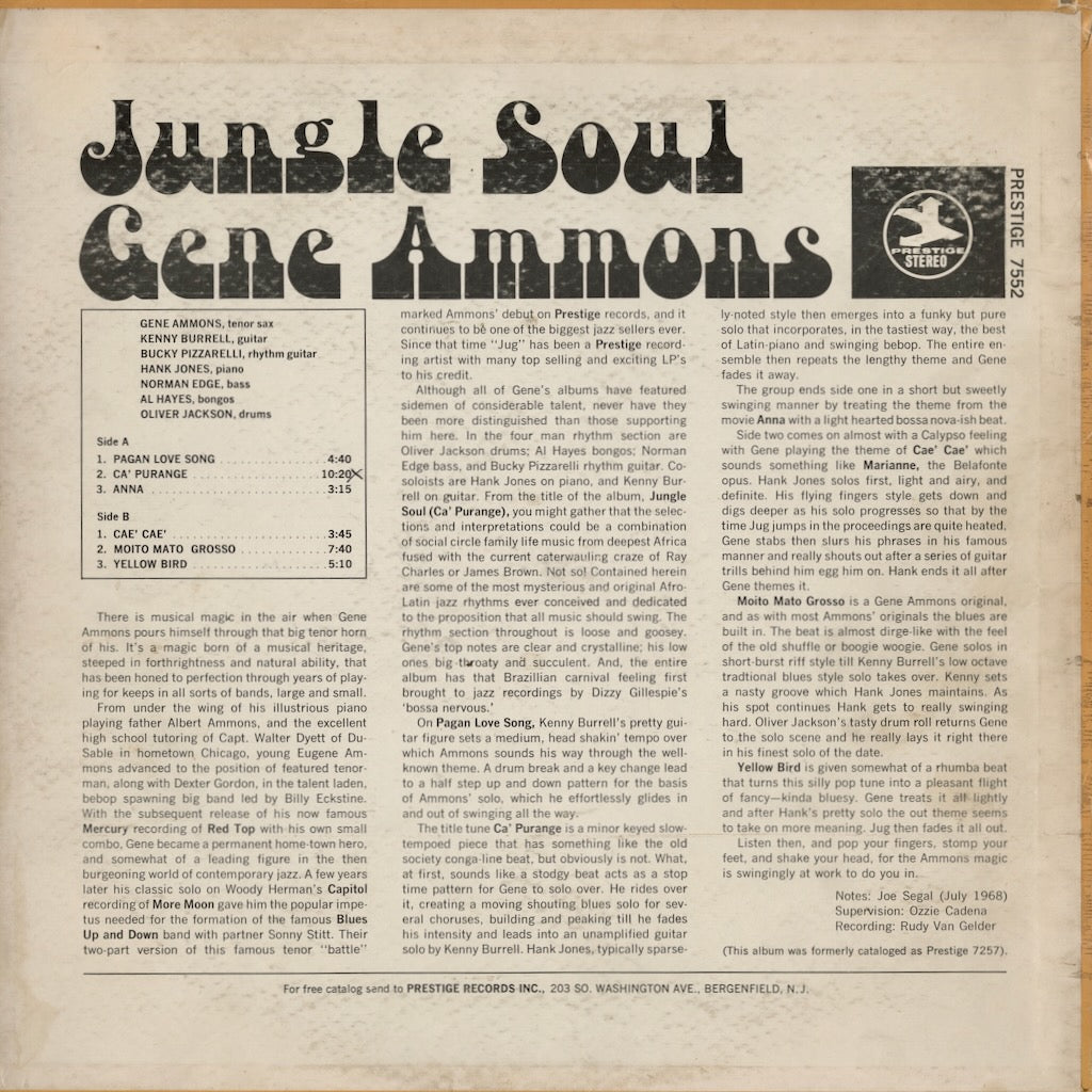 Gene Ammons - Jungle Soul (PRST 7552) LP 1968 US Prestige｜中古LP