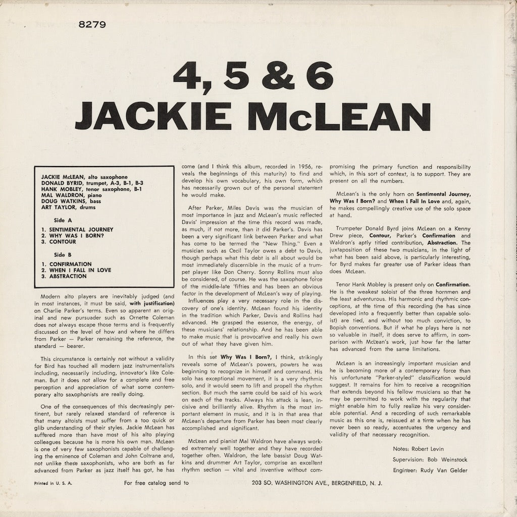 Jackie McLean / ジャッキー・マクリーン / 4,5 & 6 (NJ 8279)