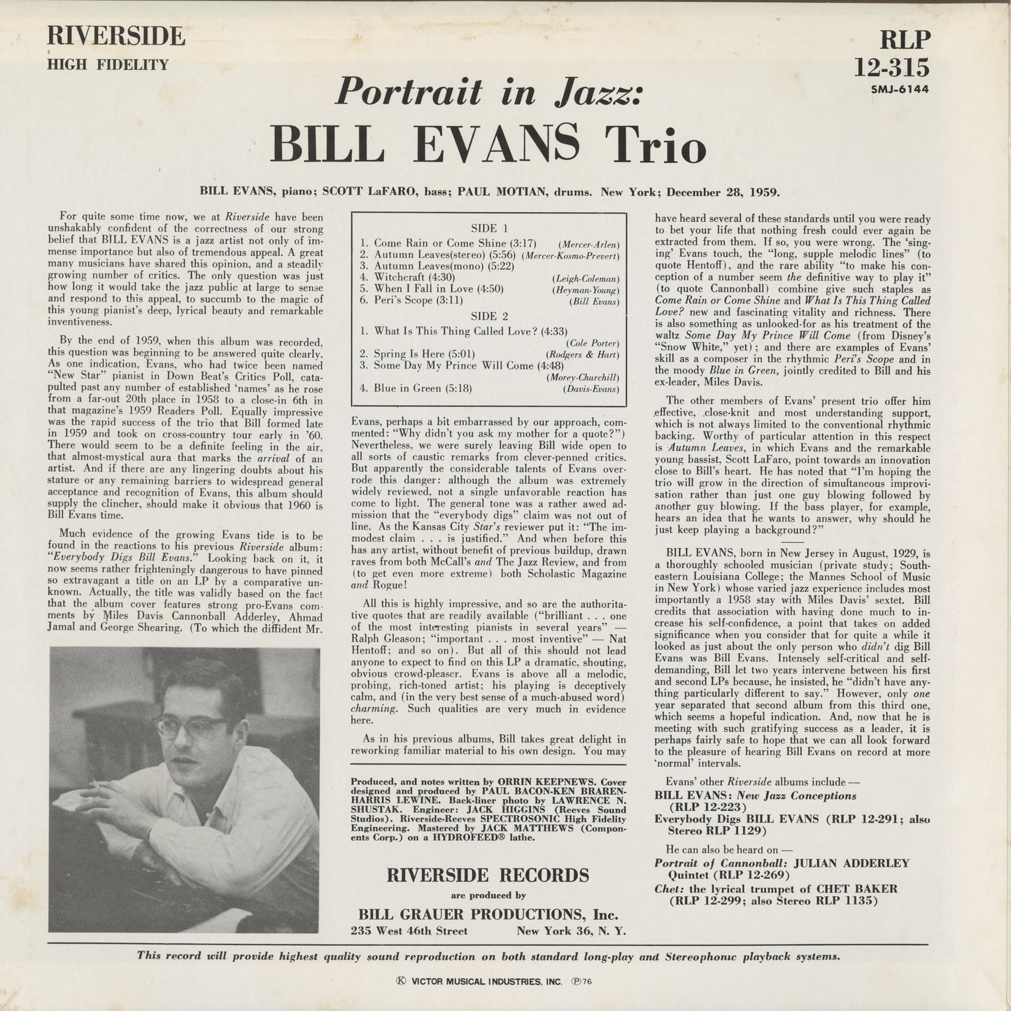 Bill Evans Trio - Portrait In Jazz (SMJ-6144) LP 1976 JPN Riverside / Victor｜中古LP