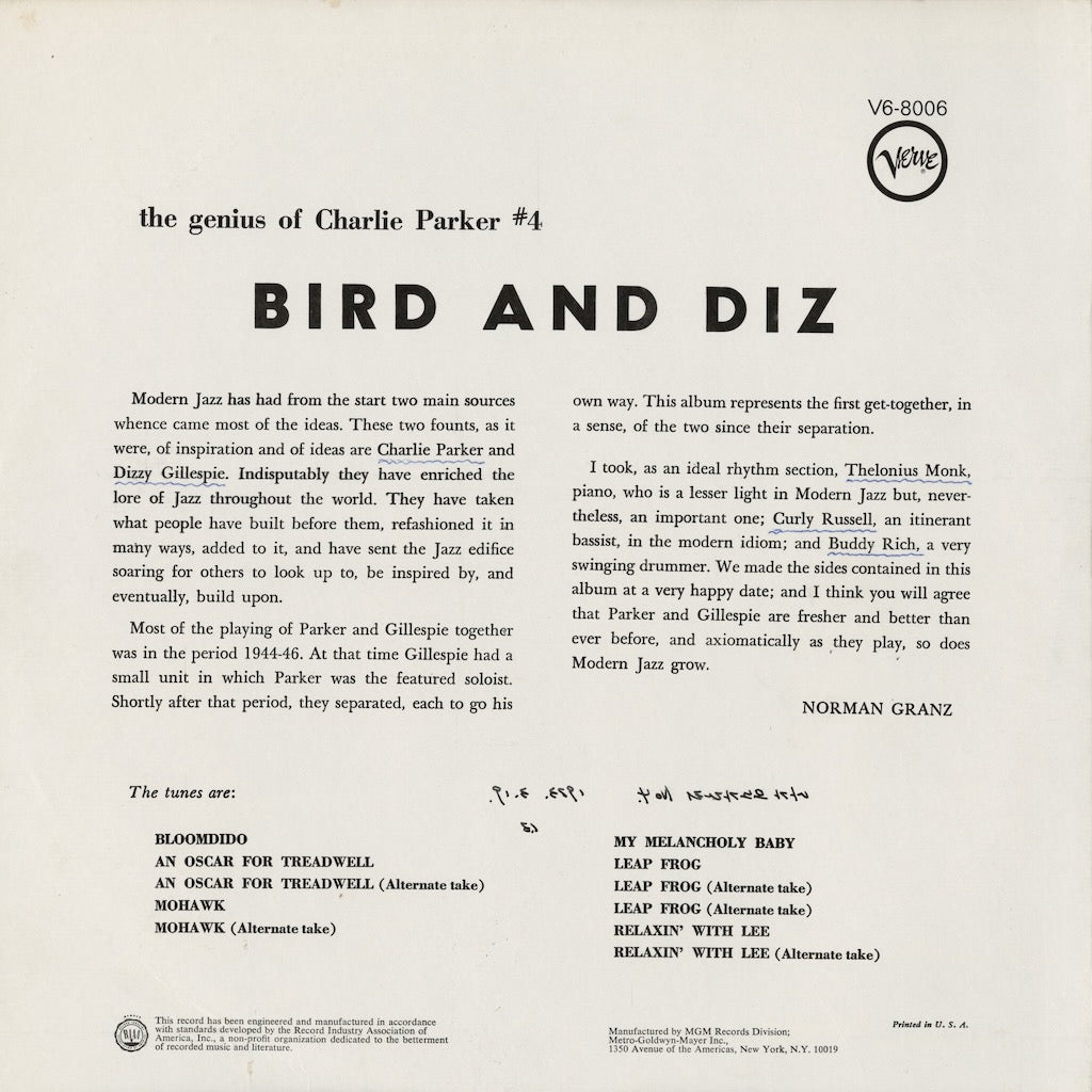 Charlie Parker / チャーリー・パーカー / Bird And Diz (V6-8006)