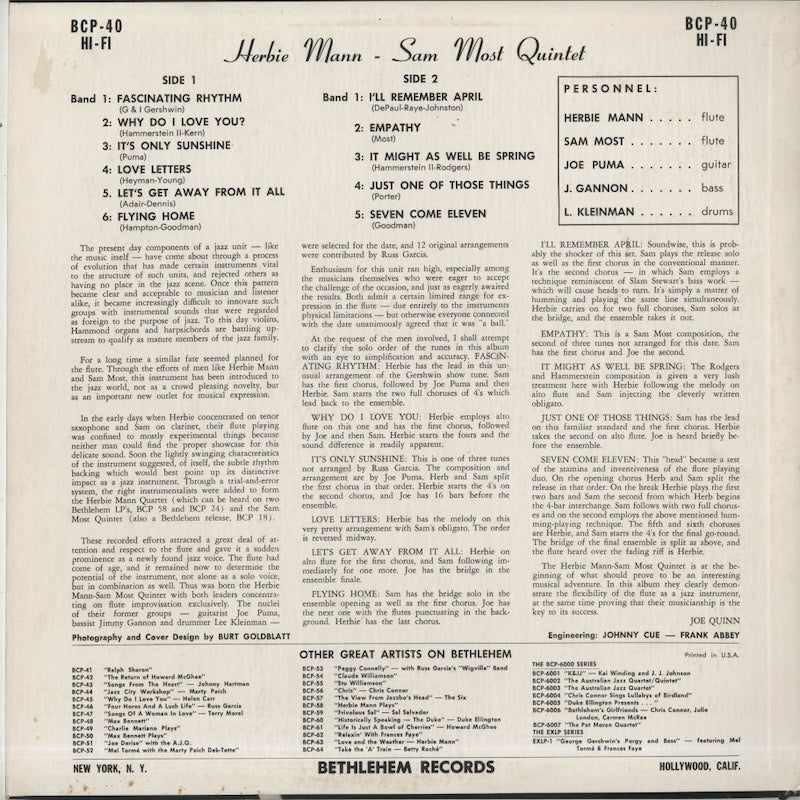 Herbie Mann / ハービー・マン / Herbie Mann-Sam Most Quintet (BCP-40)