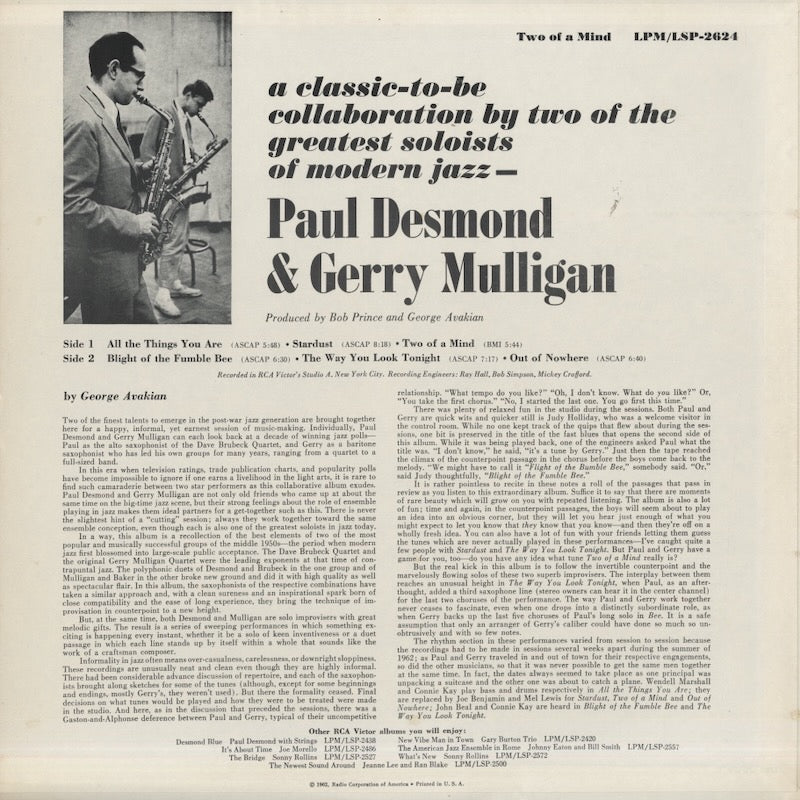Paul Desmond - Gerry Mulligan / ポール・デズモンド / Two Of A Mind (LSP-2569)