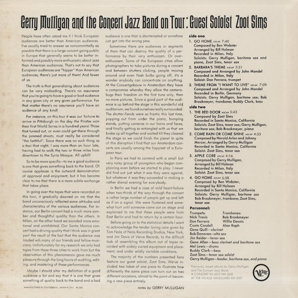 Gerry Mulligan / ジェリー・マリガン / And The Concert Jazz Band On Tour (MV 2653)