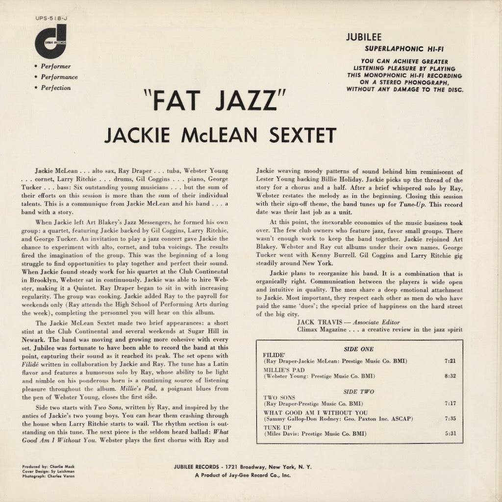 Jackie McLean / ジャッキー・マクリーン / Plays Fat Jazz (UPS-518-J)