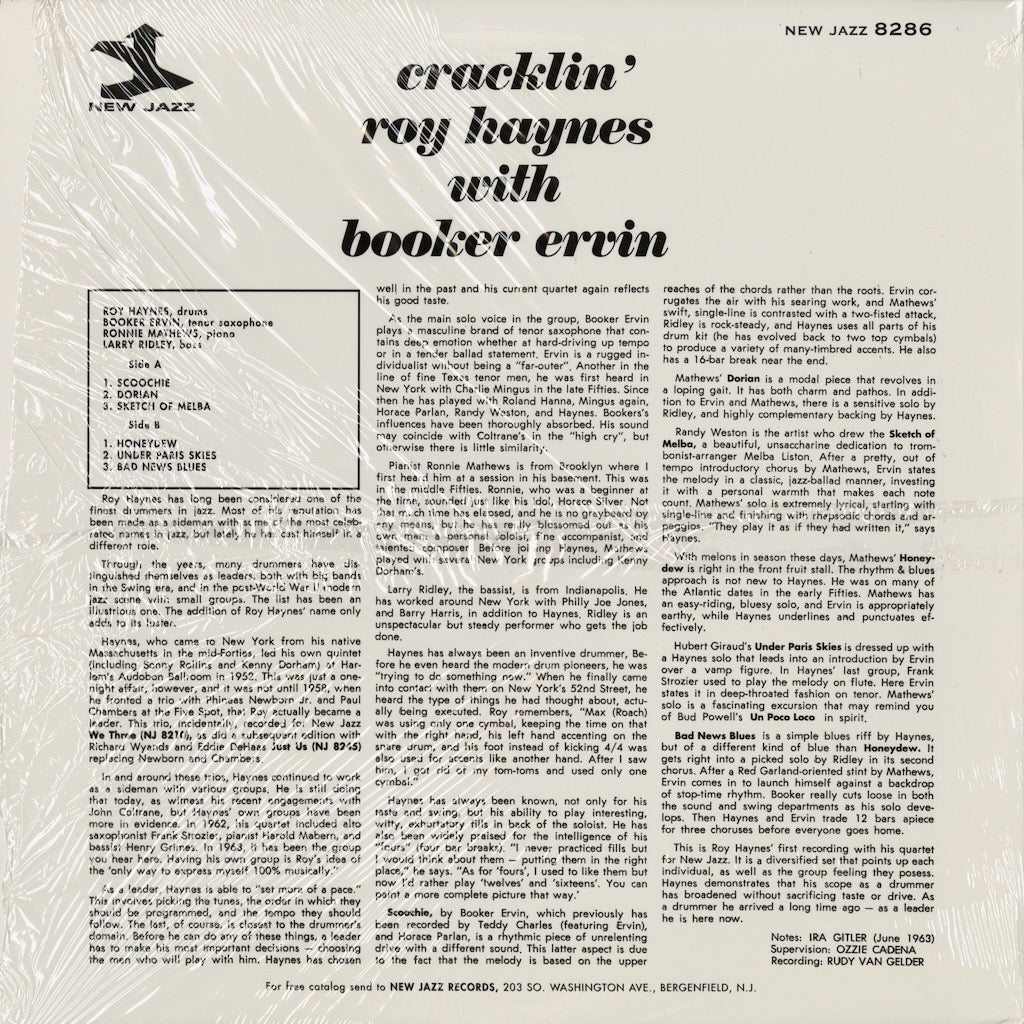 Roy Haynes - Cracklin' With Booker Ervin (NJLP 8286) 2000 US New Jazz｜中古LP