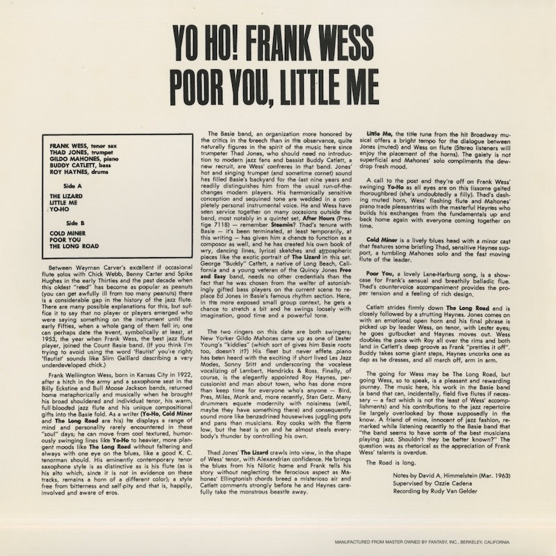 Frank Wess / フランク・ウェス / Yo Ho! Poor You, Little Me (PR 7266)