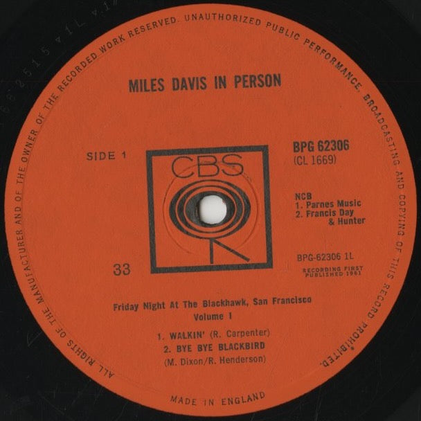 Miles Davis - In Person, Friday Night At The Blackhawk, San Francisco, Vol.1 (BPG 62306) LP 1964 UK CBS｜中古LP label