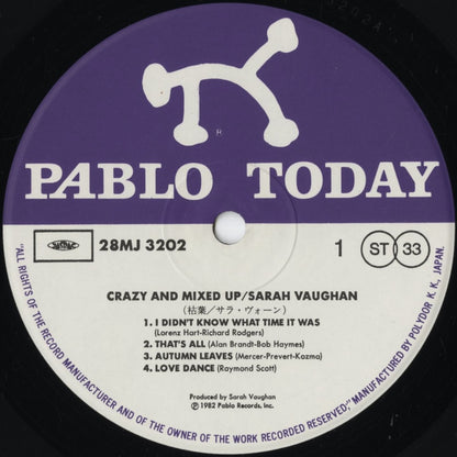 Sarah Vaughan – Crazy And Mixed Up (28MJ 3202) LP 1982 JPN Pablo - Polydor｜中古LP