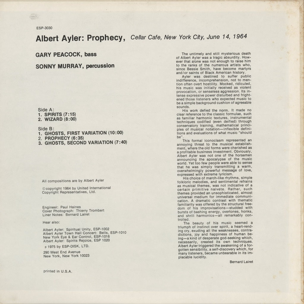 Albert Ayler - Prophecy (ESP-3030) LP 1975 US ESP-DISK｜中古LP