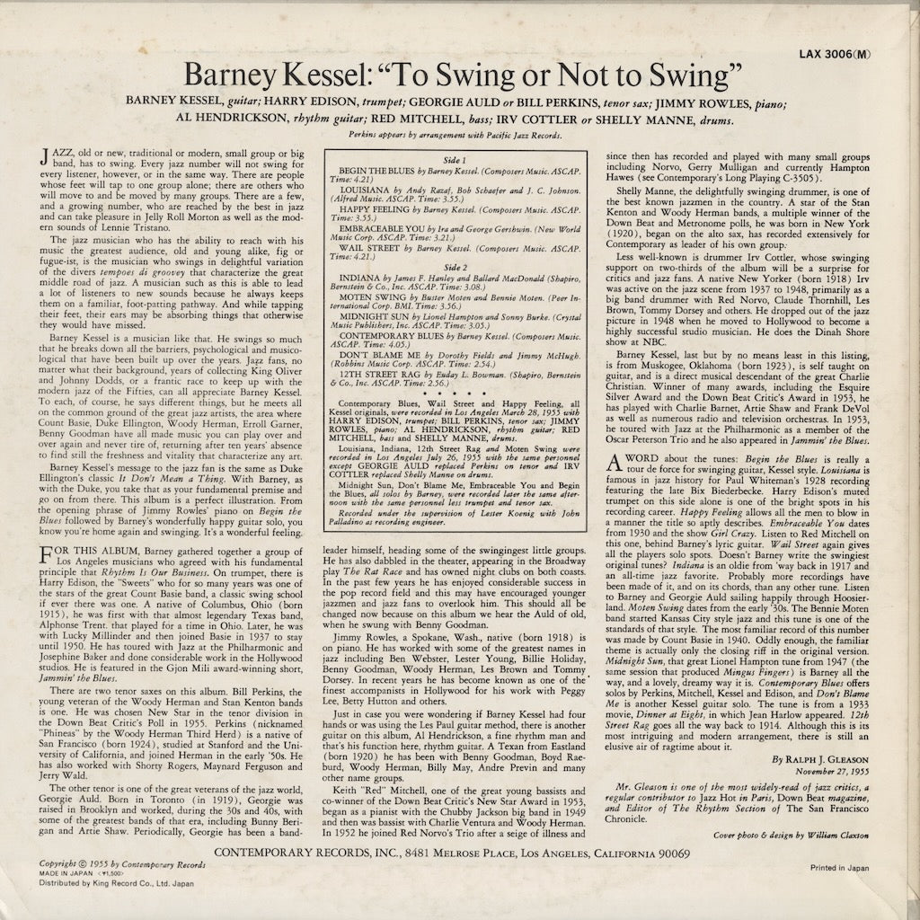 Barney Kessel - Vol. 3, To Swing Or Not To Swing (LAX 3006M) LP 1974 JPN Contemporary｜中古LP