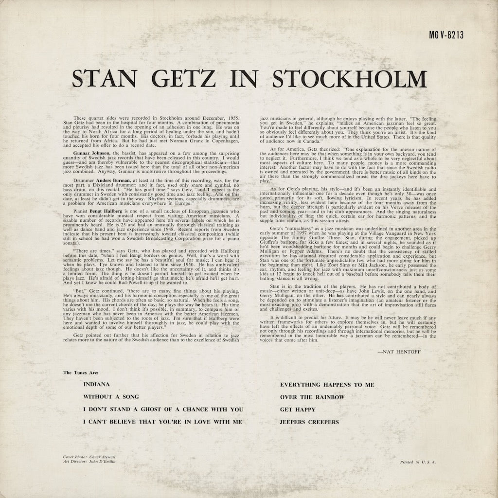 Stan Getz - Stan Getz In Stockholm (MG V-8213) 1956 US Verve｜中古LP