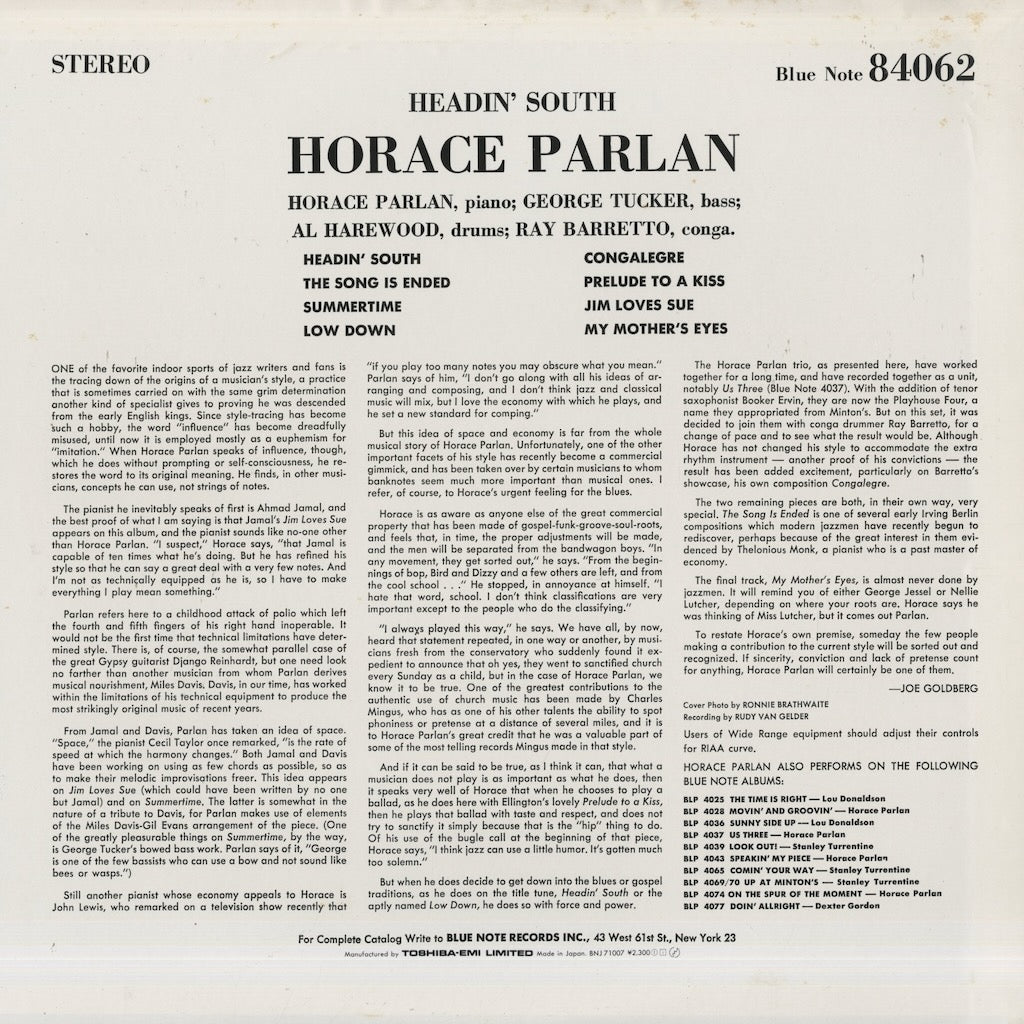 Horace Parlan / ホレス・パーラン / Headin' South (BNJ 71007)