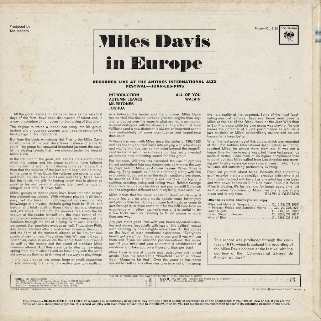 Miles Davis – In Europe (CL 2183) LP 1964 US Columbia - MONO | 中古LP