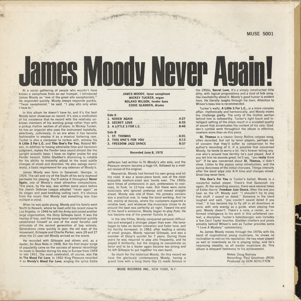 James Moody - Never Again! (MR5001) LP 1972 US Muse｜中古LP