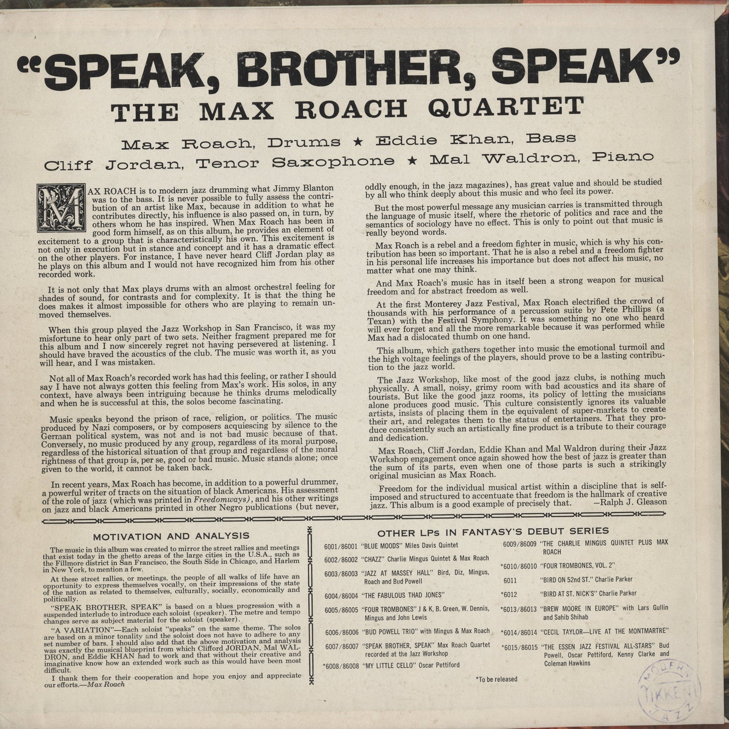 Max Roach Quartet - Speak, Brother, Speak! (86007) 1963 US Fantasy｜中古LP