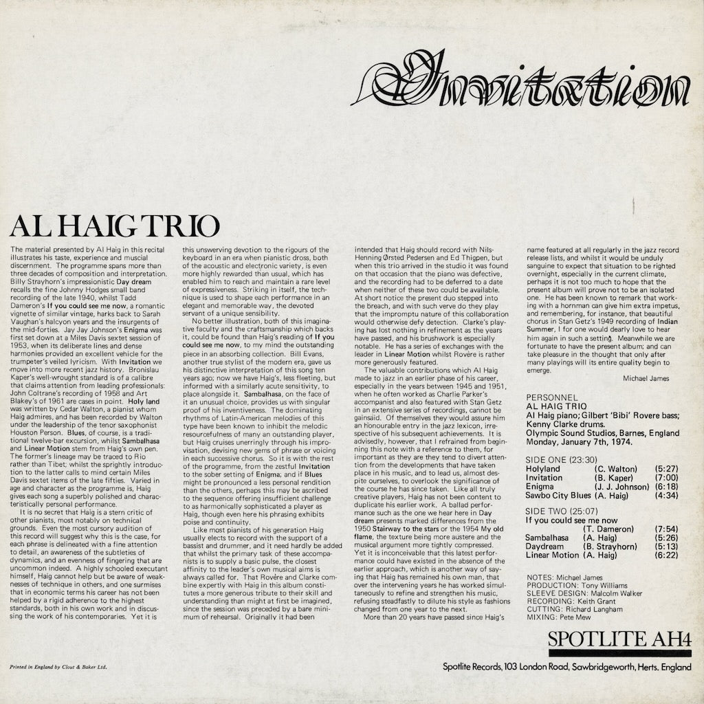Al Haig Trio / アル・ヘイグ・トリオ / Invitation (AH 4)