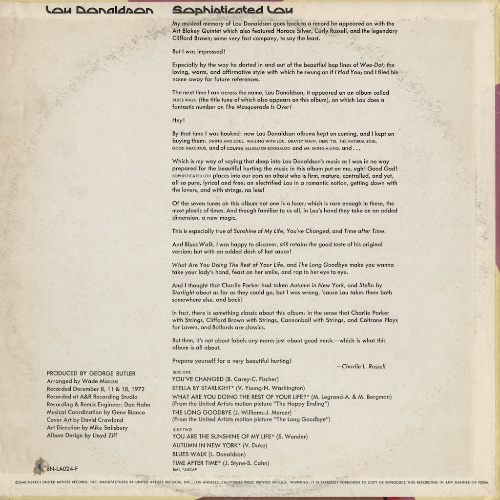 Lou Donaldson – Sophisticated Lou (BN-LA024-F) LP 1973 US Blue Note｜中古LP