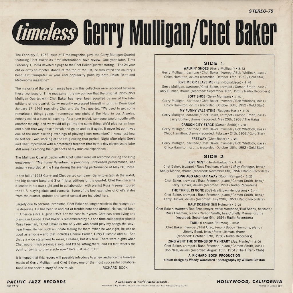 Gerry Mulligan - Chet Baker / ジェリー・マリガン　チェット・ベイカー  / Timeless (GXF-3112)