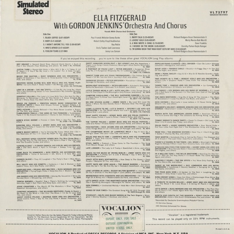 Ella Fitzgerald / エラ・フィッツジェラルド / With Gordon Jenkins' Orchestra And Chorus (VL 73797)
