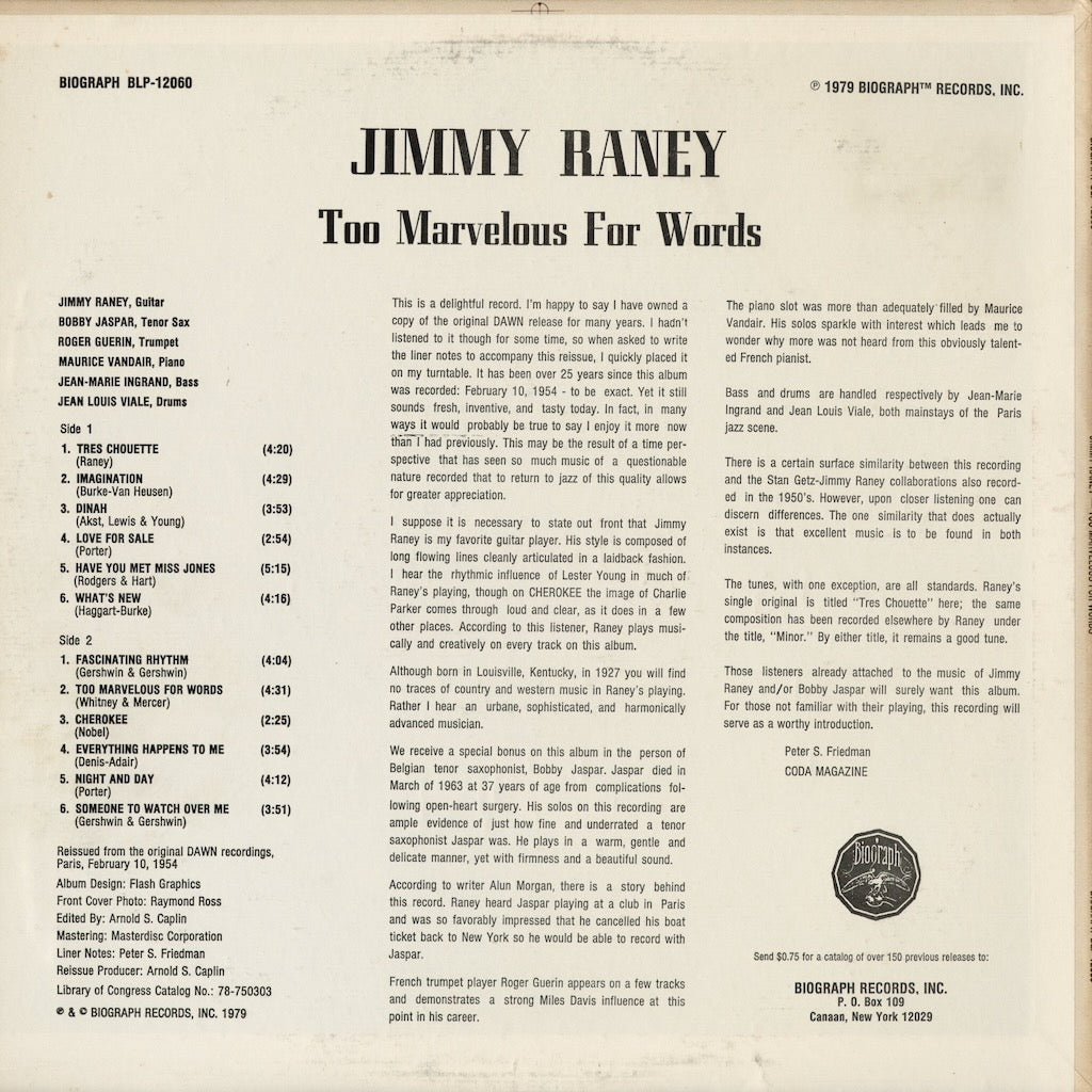 Jimmy Raney - Too Marvelous For Words (BLP-12060) 1979 US Biograph｜中古LP