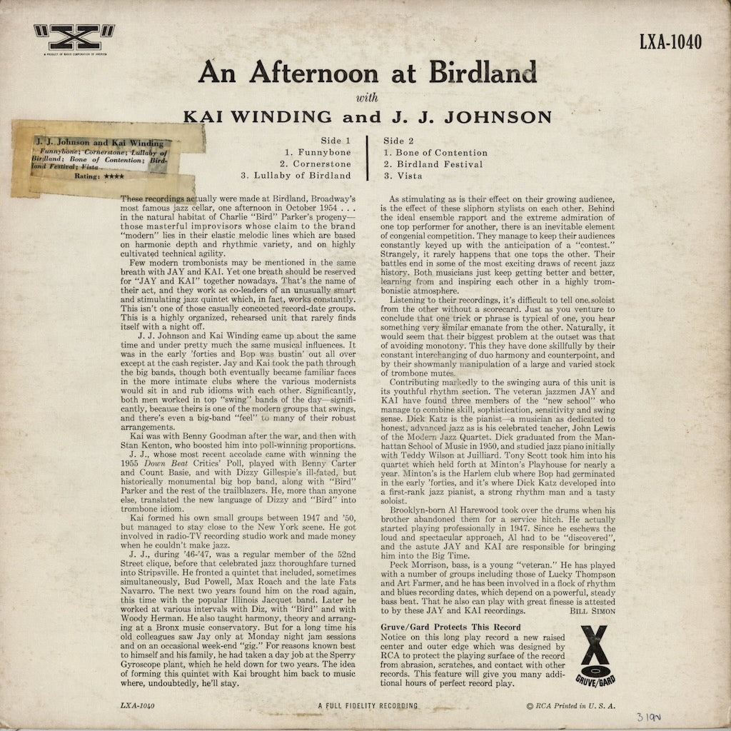 J.J. Johnson And Kai Winding - An Afternoon At Birdland (LXA 1040) 1956 US "X"｜中古LP
