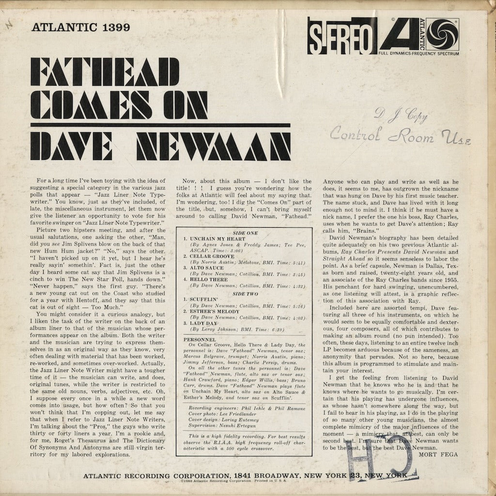 Dave Newman - Fathead Comes On (SD 1399) 1963 US Atlantic｜中古LP