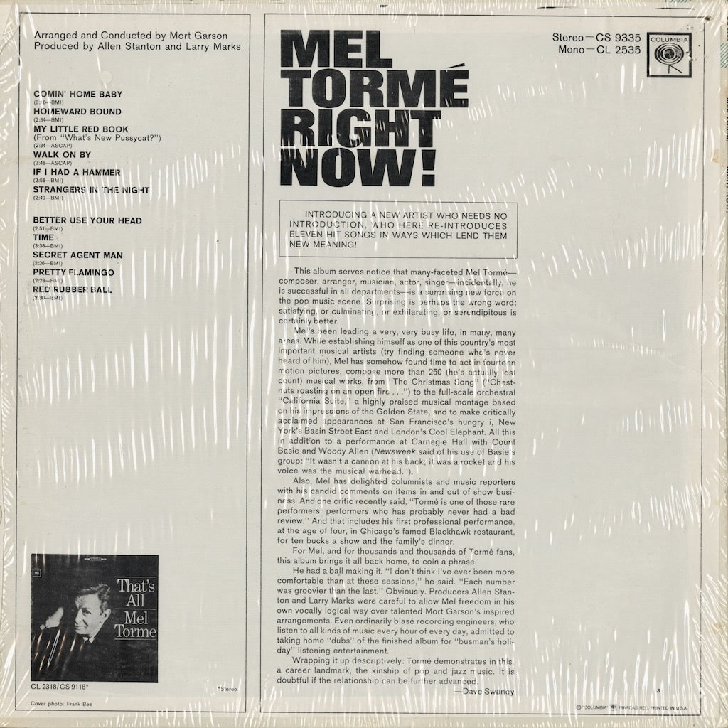 Mel Torme - Right Now! (CS 9335) 1966 US Columbia｜中古LP