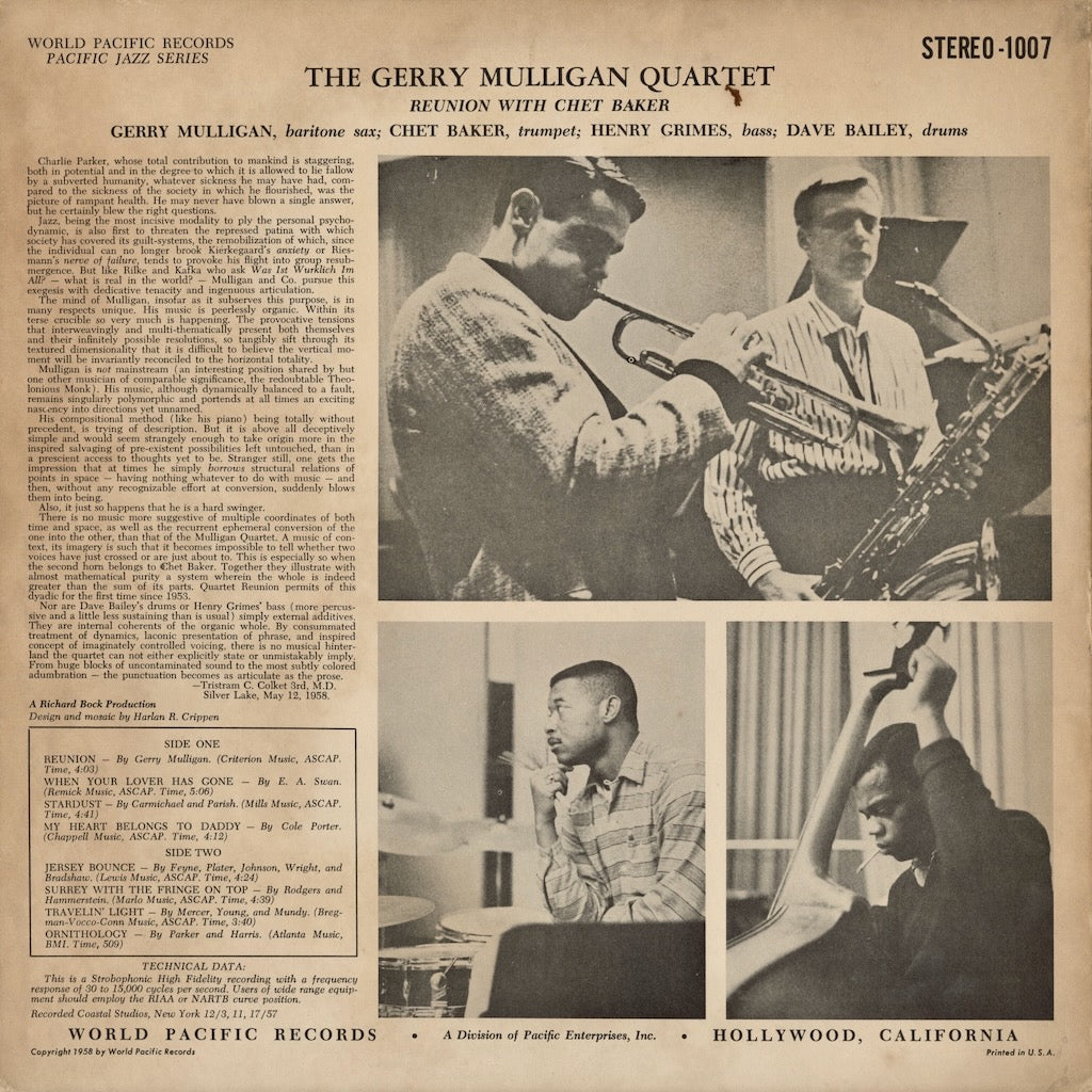 Gerry Mulligan - Reunion With Chet Baker (1007) LP 1958 US World Pacific｜中古LP
