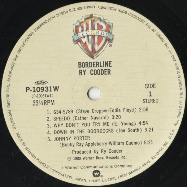 Ry Cooder - Borderline (P-10931W) LP 1980 JPN Warner Bros. - Warner-Pioneer
