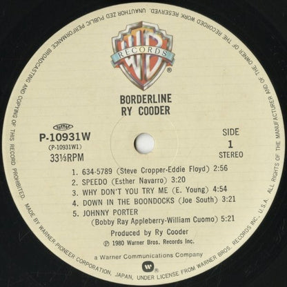 Ry Cooder - Borderline (P-10931W) LP 1980 JPN Warner Bros. - Warner-Pioneer