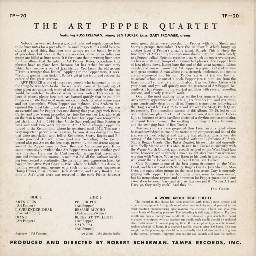 Art Pepper Quartet - Art Pepper Quartet (1957) (TP-20) 1958 US Tampa｜中古LP