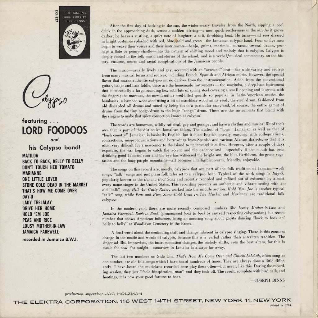 Lord Foodoos and His Calypso Band - Mister Calypso (EKL-127) LP 1959 US Elektra