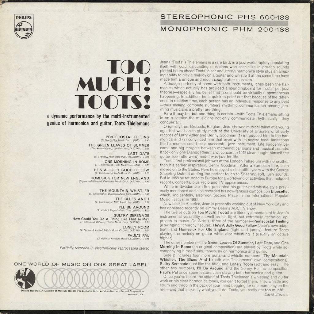Toots Thilemans - Too Much! Toots! (PHM 200-188) 1965 US Philips｜中古LP