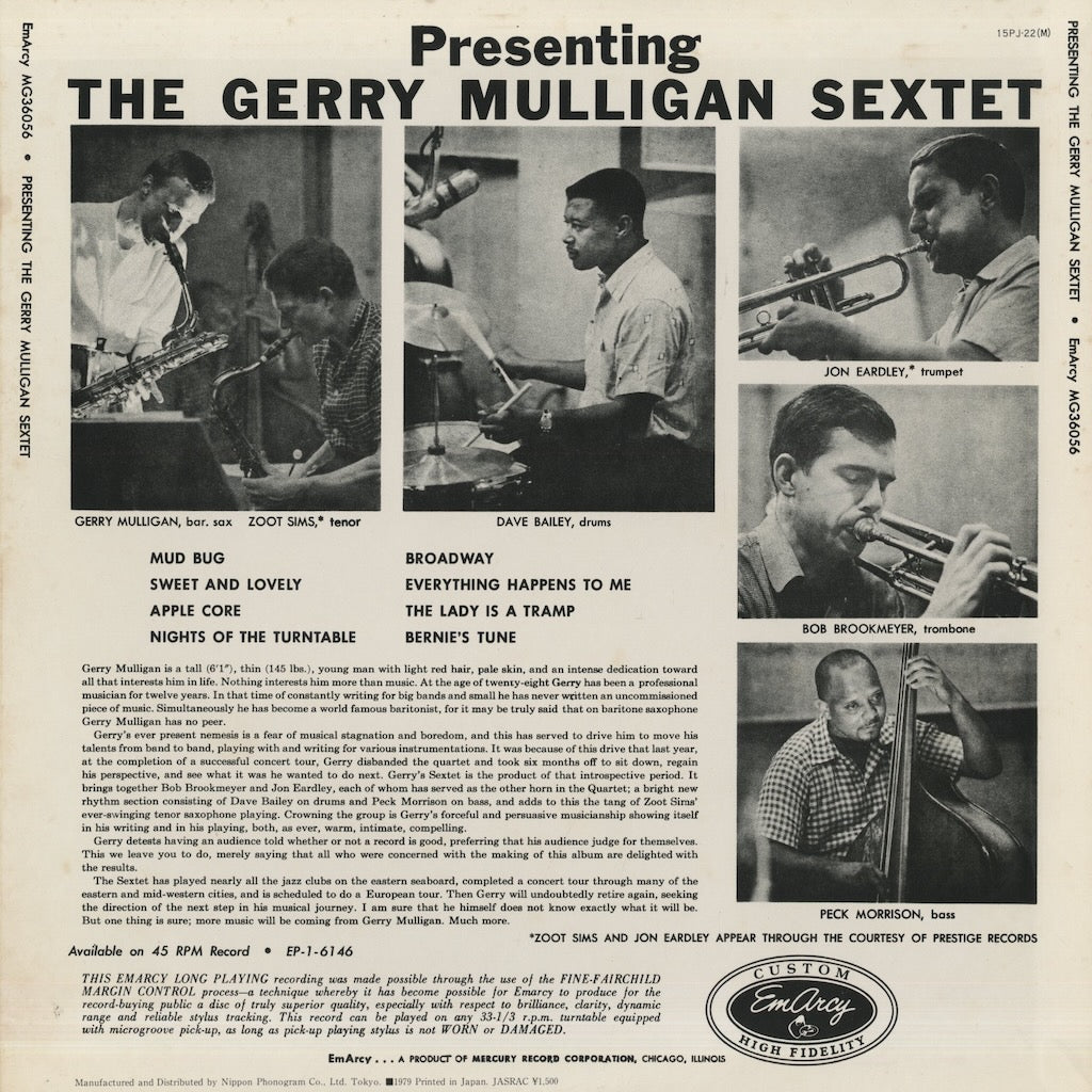 Gerry Mulligan / ジェリー・マリガン / Presenting The Gerry Mulligan Sextet (15PJ-22(M))
