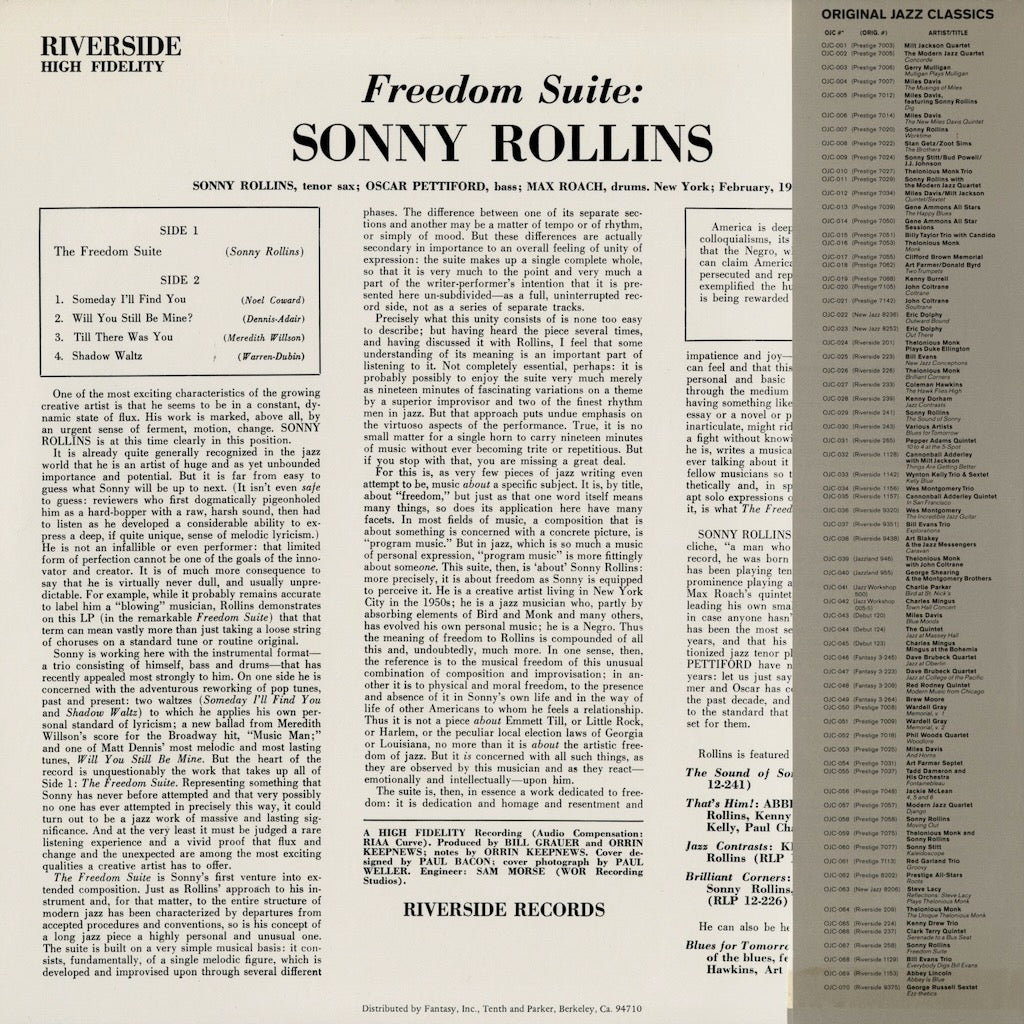 Sonny Rollins - Freedom Suite (OJC-067) 1983 US Riverside / Original Jazz Classics｜中古LP