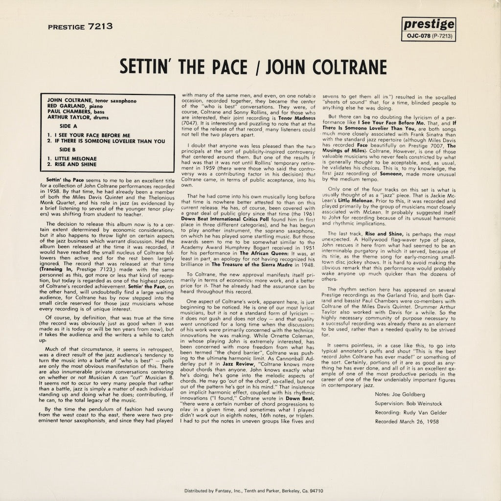 John Coltrane - Settin' The Pace (OJC-078) 1983 US Prestige / Original Jazz Classics｜中古LP